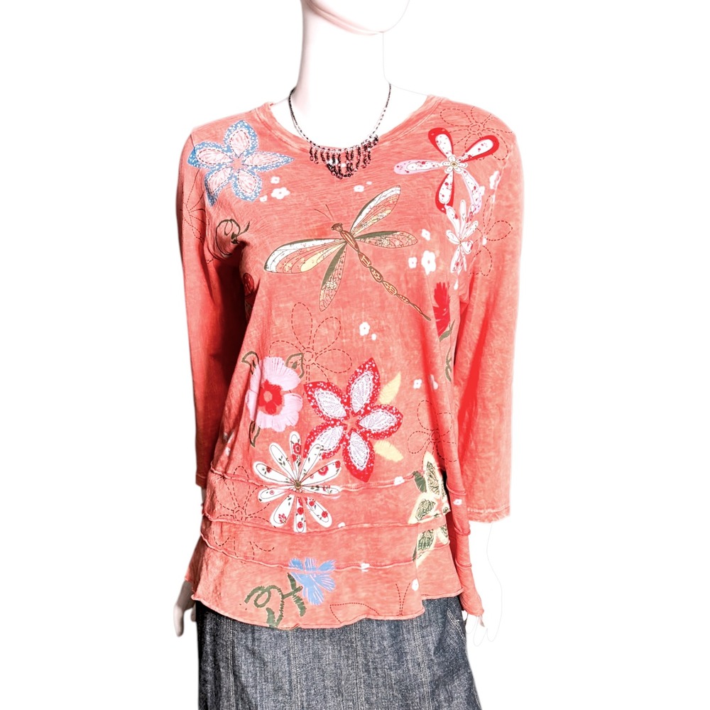 Jess & Jane Lagenlook Coral Dragonfly Floral Mineral Wash Tunic Fairy Top L